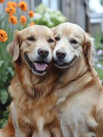 Two golden retriever dogs with light cream and apricot coats sit together outdoors among orange flowers, both displaying happy expressions with tongues out in a garden setting.