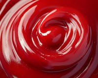 Vibrant red swirling liquid with glossy surface creates abstract spiral pattern. Close-up macro photography shows smooth, flowing texture and dynamic movement.