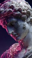 Classical marble statue with glowing pink digital network connections overlay representing fusion of ancient art and modern technology concepts.