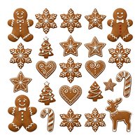 Gingerbread cookies collection featuring festive holiday shapes including gingerbread men, snowflakes, stars, hearts, candy canes, and reindeer with white icing details on isolated white background, ready for holiday designs and seasonal projects.