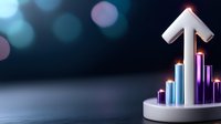 Growing bar chart with upward white arrow and colorful columns on dark background with bokeh lights, representing business growth and success.