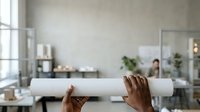 Architect holding rolled blueprints in modern office with colleagues and plants in background, planning and design concept for construction projects.