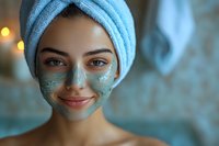 Young woman with blue clay face mask and towel turban enjoying spa skincare treatment at home bathroom with warm lighting for wellness relaxation.