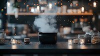 Steaming pot on dark wooden table with glowing candles and glass jars creating cozy atmospheric scene. Blurred bokeh lights and rising steam add magical ambiance.