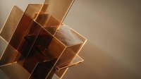 Abstract geometric composition with overlapping translucent amber and bronze glass planes creating depth and light refraction effects against neutral background for modern design projects.