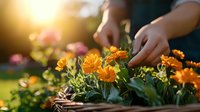 Hands tending to vibrant orange marigold flowers in garden during golden sunset hour, with soft bokeh background creating peaceful gardening atmosphere.