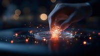 Glowing digital spiral emerges from finger touch on dark surface with light particles and bokeh effects, creating futuristic technology visualization.