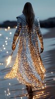 Young woman in flowing white dress with magical glowing sparkles walks on water surface at dusk, holding illuminated torch against moody landscape.