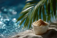 Natural sea salt in white ceramic bowl on sandy beach with palm leaves and sparkling ocean bokeh background creates tropical spa atmosphere.