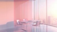 Modern minimalist dining room interior with pink gradient walls, floor-to-ceiling windows overlooking cityscape, contemporary furniture set in soft morning light.