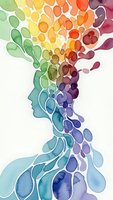 Watercolor woman silhouette with flowing rainbow droplets representing creativity, emotions and mental wellness on white background.