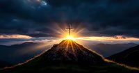 Christian cross on mountain peak at dramatic sunset with sun rays breaking through dark storm clouds over mountain landscape panorama.