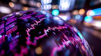Financial market data visualization with glowing pink stock charts and trading graphs on curved display against blurred city lights background at night.