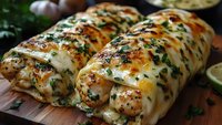 Savory herb-crusted chicken rolls stuffed with creamy filling on wooden cutting board. Perfect for dinner recipes, meal prep and culinary presentations.