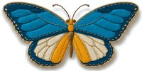 Handcrafted blue and yellow butterfly textile art with decorative stitching and embroidery details, suitable for home decor or fashion accessories.