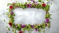 Decorative frame made of fresh purple and pink flowers with green leaves on concrete background, creating natural border for text or design.