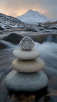 Balanced stones with carved snowflake pattern on top rock against dramatic mountain landscape and flowing river at sunset. Zen and winter meditation concept.