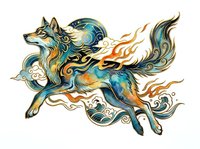 Ornate mythical fox with flowing mane and tail featuring gold, blue, and orange swirls, isolated on white background. Decorative design element suitable for apparel, stickers, and digital projects.