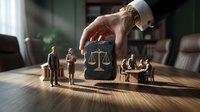 Legal consultation concept with businessman hand reaching for law book surrounded by miniature people figures in office setting for justice services.