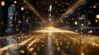 Glowing golden particles and light rays create magical atmosphere with bokeh effect and sparkles on dark background, abstract festive composition.