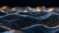 Glowing digital wave of particles with golden light effects on dark background creates futuristic technology visualization for modern design projects.