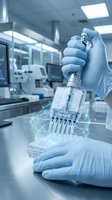 Scientist in gloves using multichannel pipette with digital network overlay in modern laboratory for precision liquid handling and research analysis.
