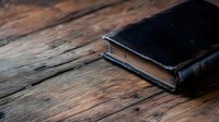 Vintage black leather book with worn cover lying on rustic wooden table surface with dramatic lighting and shallow depth of field for atmospheric mood.