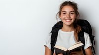 Young Caucasian female student with backpack holding open book against white wall, expressing genuine joy and enthusiasm while reading. Natural casual style.