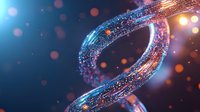 Glowing DNA helix structure with sparkles and particles on dark blue background, genetic science concept with orange bokeh lights and depth of field effect.