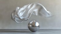 Minimalist still life with metallic sphere and flowing white silk fabric floating in air against neutral background creating dynamic composition and contrast.