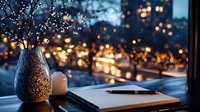 Cozy evening workspace with notebook and decorative vase near window overlooking city lights at dusk, creating peaceful atmosphere for writing or reflection.