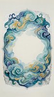 Watercolor ornate frame with swirling clouds in blue and teal tones, decorative border design for invitations, cards and artistic projects.
