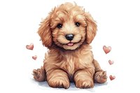 Adorable golden puppy with fluffy fur and sweet expression surrounded by pink heart shapes, drawn in soft artistic style on white background for greeting cards.