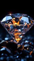 Brilliant cut diamond with orange light reflection resting on dark stones, macro photography showing facets and clarity with dramatic lighting effects.