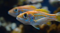 Orange and blue tropical fish with bright eyes and delicate fins swimming in aquarium water against dark background, macro underwater photography.