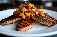 Grilled seasoned chicken breast topped with fresh mango salsa featuring diced tomatoes, red onions, and herbs served on white plate, showcasing vibrant colors.