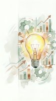 Watercolor lightbulb with gears and growth charts representing innovation, business strategy and creative solutions for startup success.