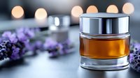 Luxury cosmetic cream jar with amber product surrounded by fresh lavender flowers and soft bokeh lights creating spa atmosphere for beauty products.