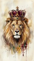 Majestic lion wearing ornate royal crown with watercolor splashes and artistic drips on textured background for luxury branding and regal design projects.