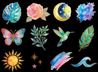Watercolor clipart set with leaf, rose, moon, butterfly, branch, hummingbird, feather, sun, stars, brush stroke, and wave, isolated on transparent background for stickers and print on demand.