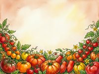 Fresh ripe tomatoes and peppers with green foliage arranged at bottom border on cream background. Suitable for recipe cards, cooking blogs, farmers market promotions, and food packaging designs.
