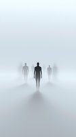 Mysterious silhouettes of human figures emerging from dense fog create atmospheric scene with supernatural mood, suited for book covers and paranormal content.