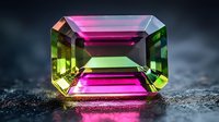 Emerald cut watermelon tourmaline gemstone with vibrant pink and green colors on dark textured background showing luxury jewelry crystal mineral.
