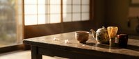Traditional Japanese tea ceremony setup with bamboo whisk and ceramic bowls on wooden table in authentic tatami room with natural sunlight streaming through shoji screens.