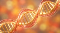 Glowing DNA double helix structure with golden light trails on warm orange background, suitable for genetics, science, medical research, biotechnology, and educational presentations.