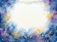 Ornate decorative frame with blue and gold watercolor splashes, fireworks, and ornamental corners on isolated white background, suitable for invitations, cards, and design projects.