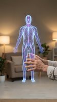 Holographic human anatomy model with glowing skeleton and nervous system being touched by hand in modern living room for medical education and healthcare technology.