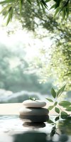 Zen stones stacked on water surface with green leaves and soft bokeh background, reflecting tranquility and harmony in spa wellness setting.