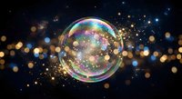 Iridescent soap bubble floating in cosmic space with golden bokeh lights and starry night sky background creating magical dreamy atmosphere for fantasy designs.