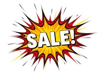 Comic book style sale burst with explosive red and yellow rays on white background for promotional marketing campaigns and retail advertising.